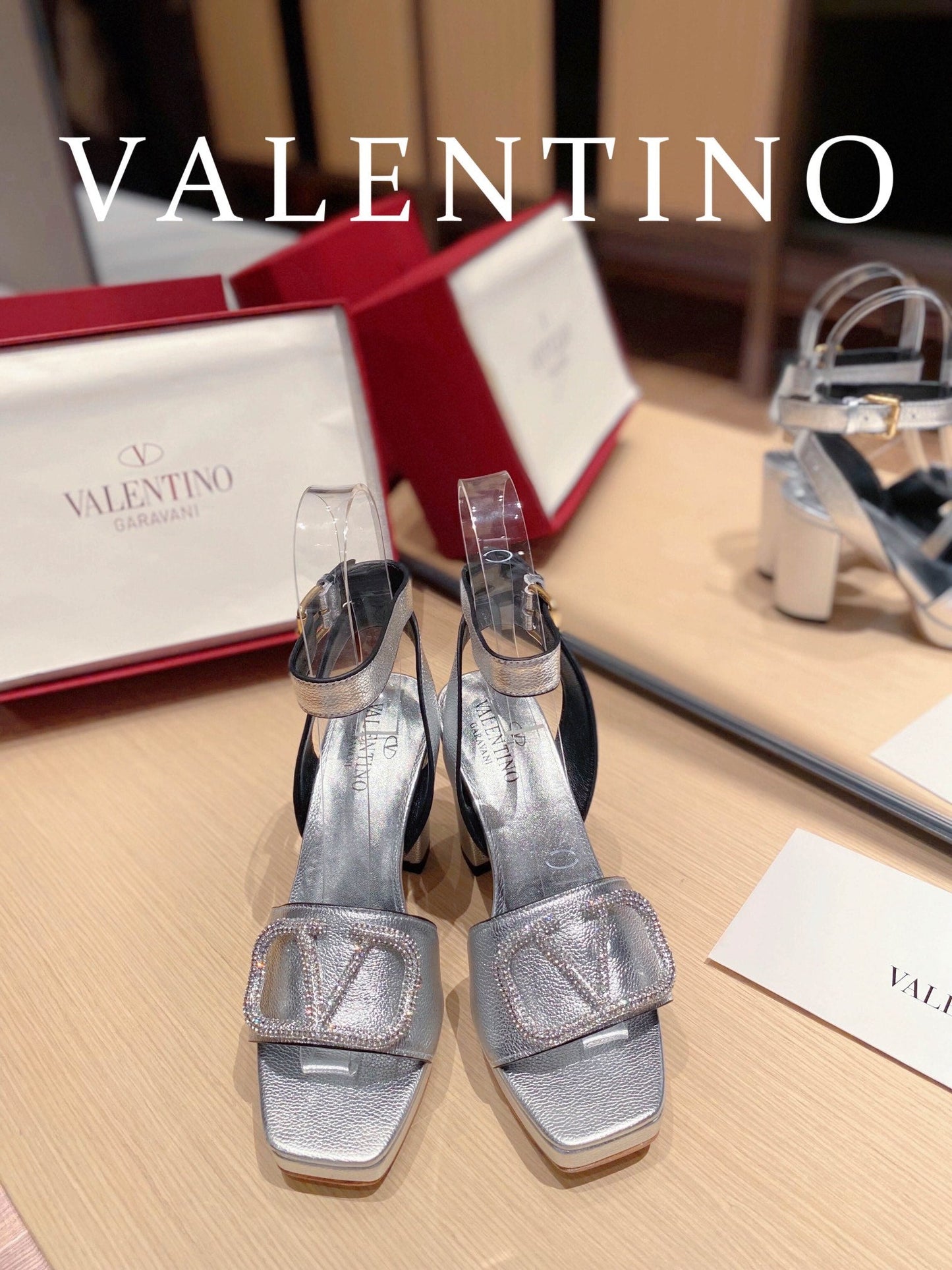 Valentino Garavani Strap Heeled Sandals With V Logo Crystal EmbellisGLAMIent Silver For Women