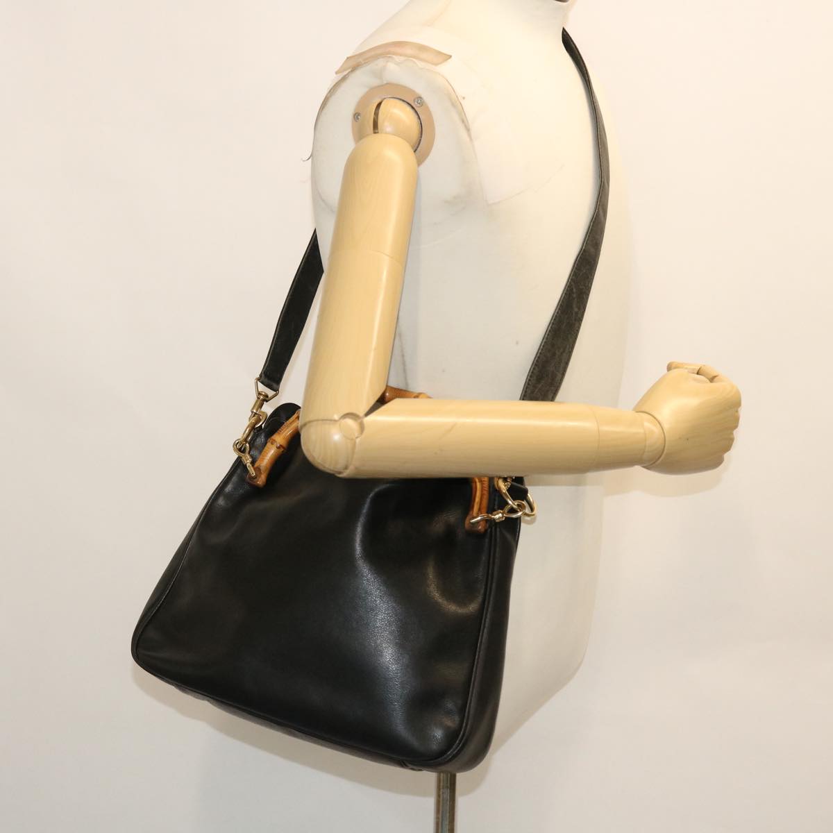 GUCCI Bamboo Shoulder Bag Leather 2way Black 001 3444 1638 51014