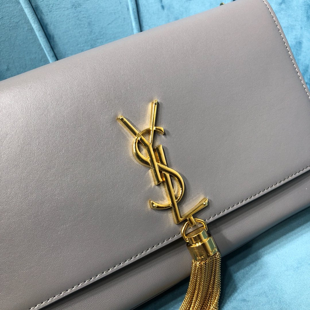 YSSL Kate Medium Chain Bag With Tassel In Grain De Poudre Grey For Women 9.4in/24cm YSL