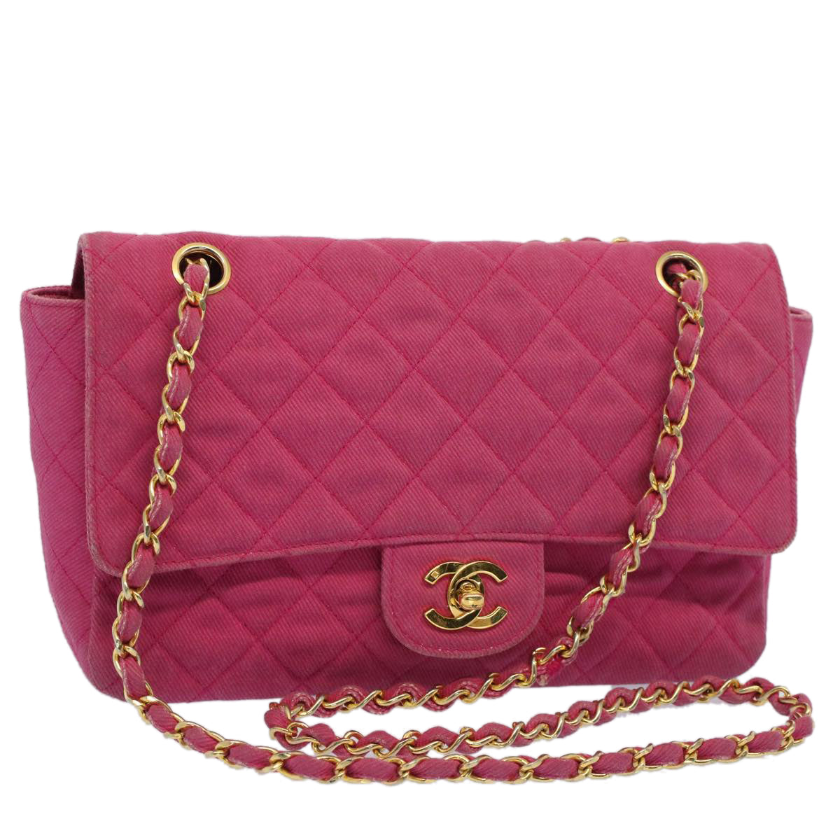 CHANEL Matelasse 25 Chain Flap Shoulder Bag Canvas Pink CC 51276A