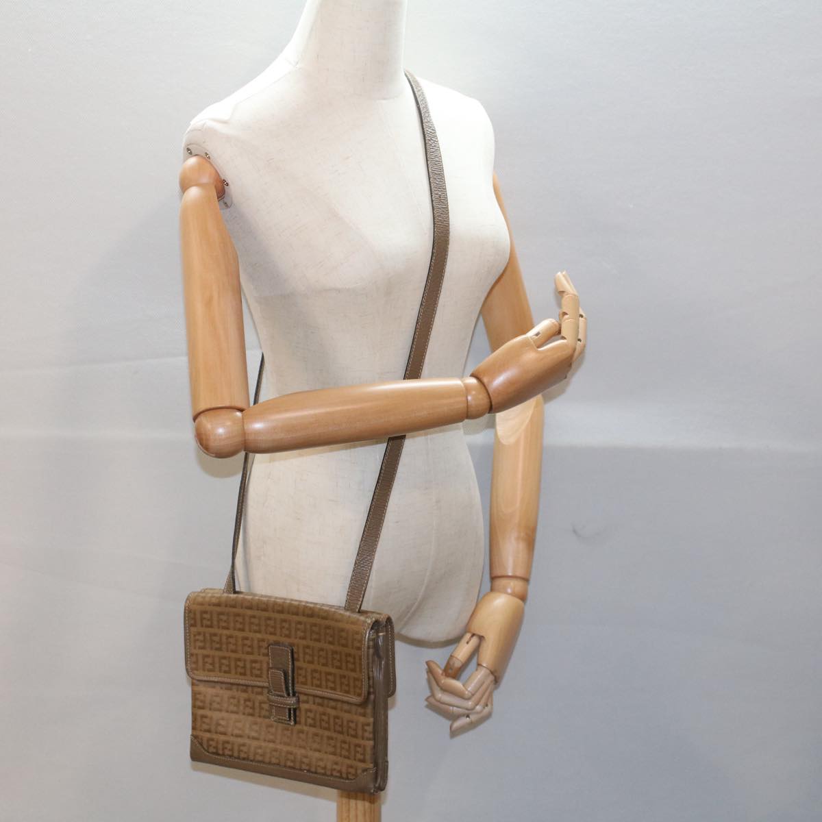 FENDI Zucchino Canvas Shoulder Bag Brown 51367