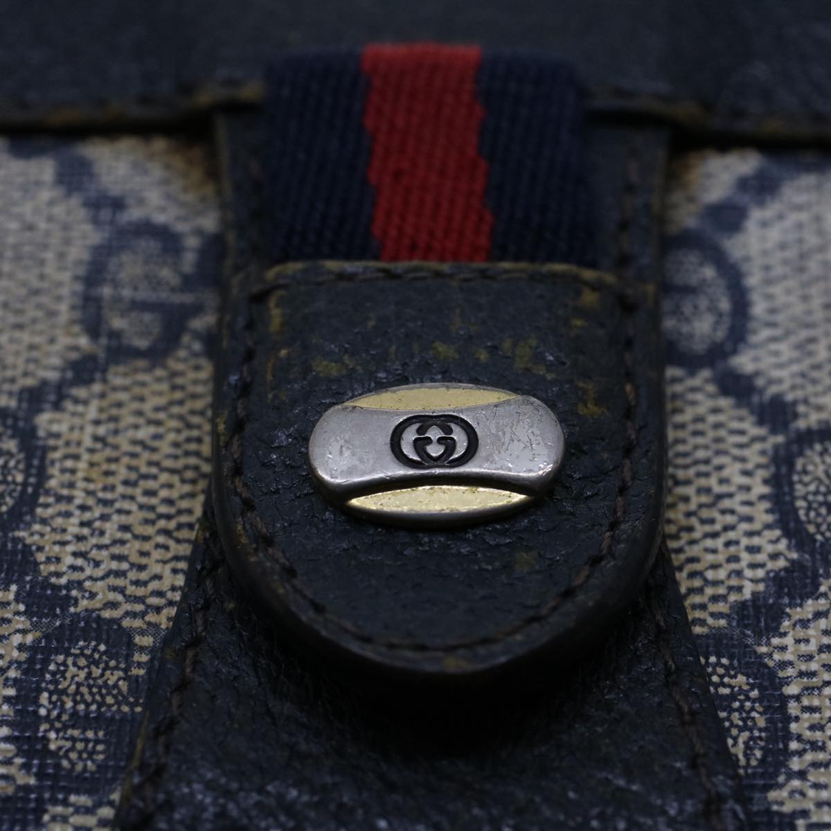 GUCCI GG Canvas Sherry Line Clutch Bag Gray Red Navy 89.01.032 51456