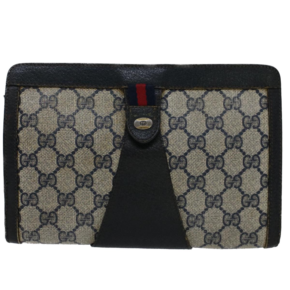 GUCCI GG Canvas Sherry Line Clutch Bag Gray Red Navy 89.01.032 51456
