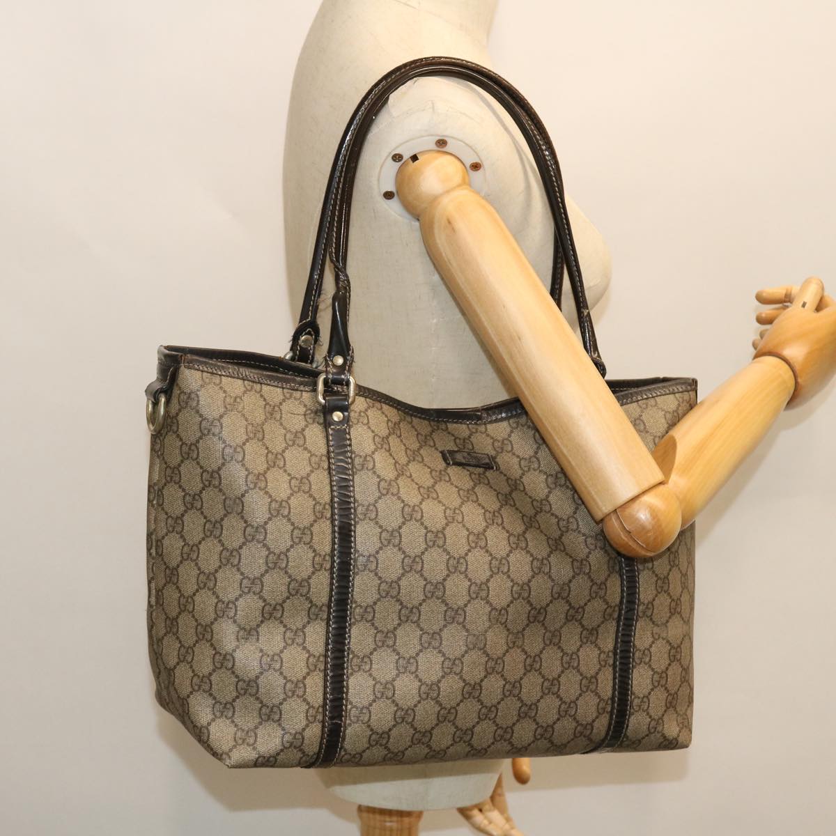 GUCCI GG Canvas Tote Bag PVC Leather Beige Dark Brown 197953 51643