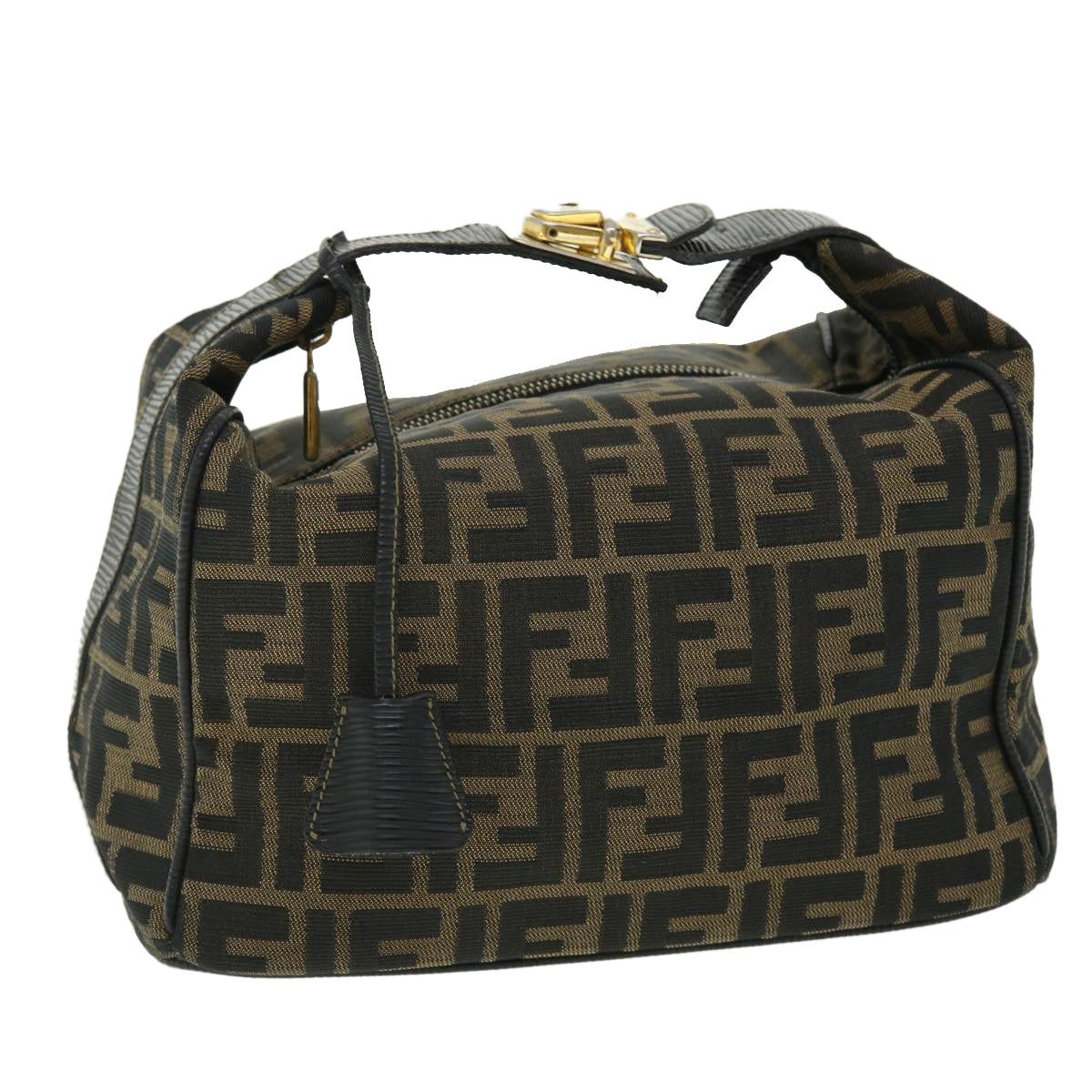 FENDI Zucca Canvas Vanity Hand Bag Nylon Leather Brown Black 51654