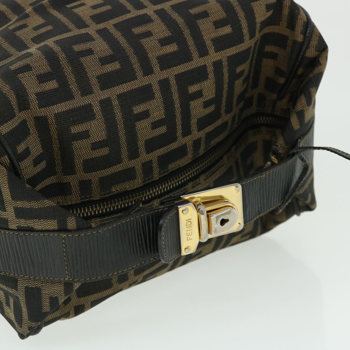 FENDI Zucca Canvas Vanity Hand Bag Nylon Leather Brown Black 51654