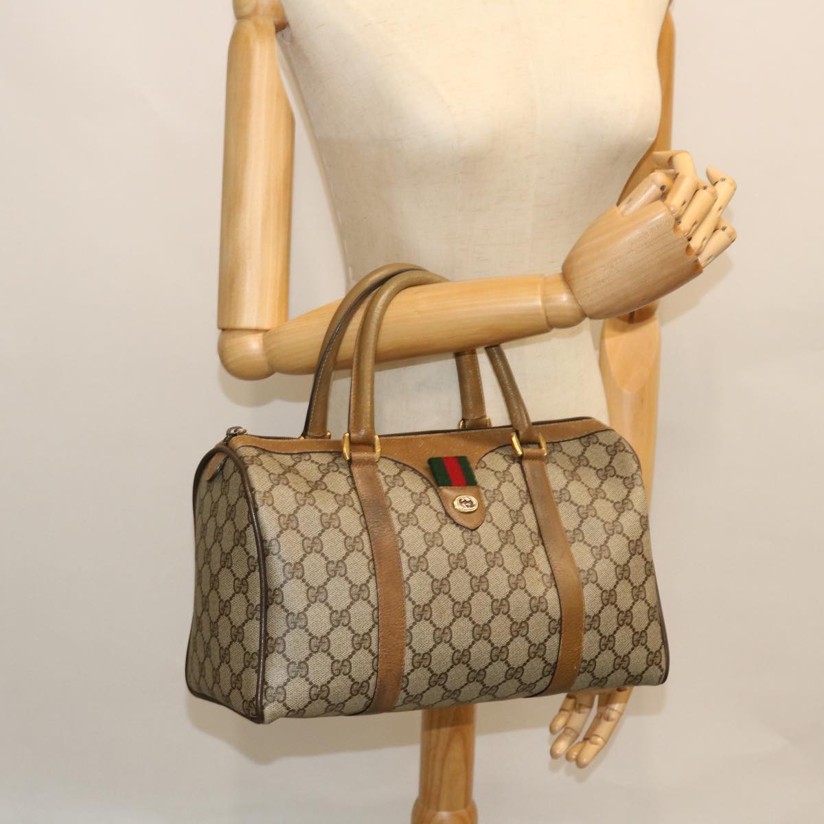 GUCCI GG Canvas Web Sherry Line Hand Bag PVC Leather Beige Red Green 51854