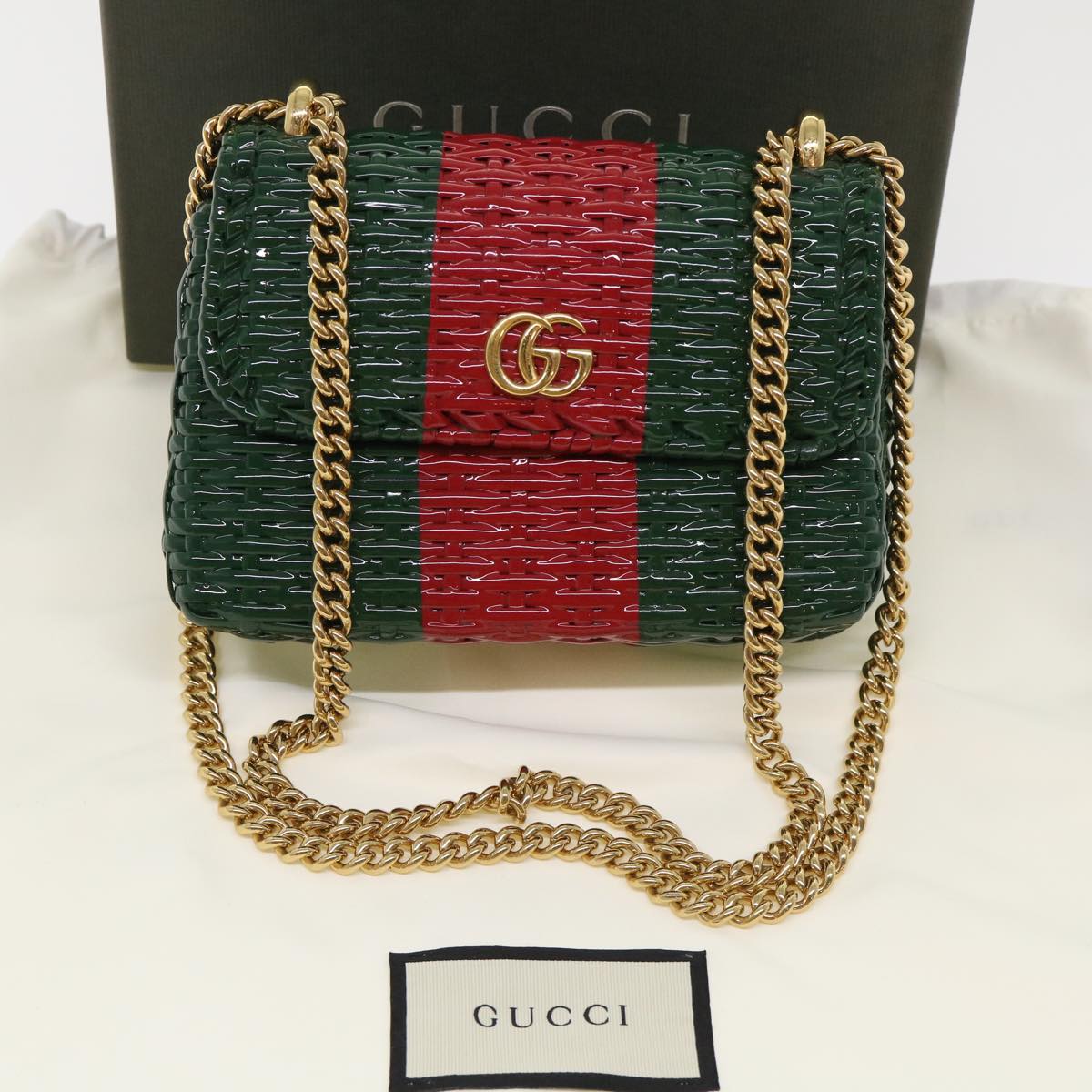 GUCCI Wicker Chain Web Sherry Line Bag Wood Red Green 524829 51974A