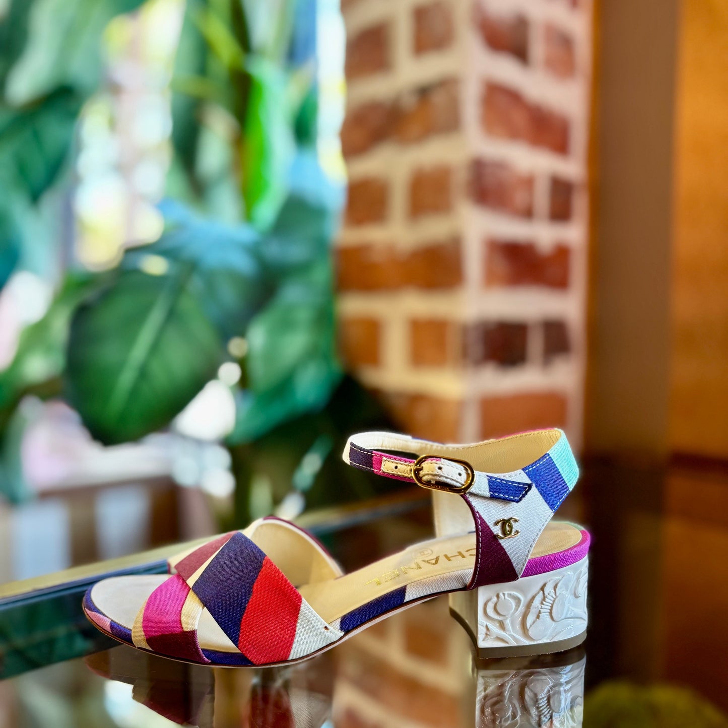 CHANEL Multicolor Fabric Camellia Sandals