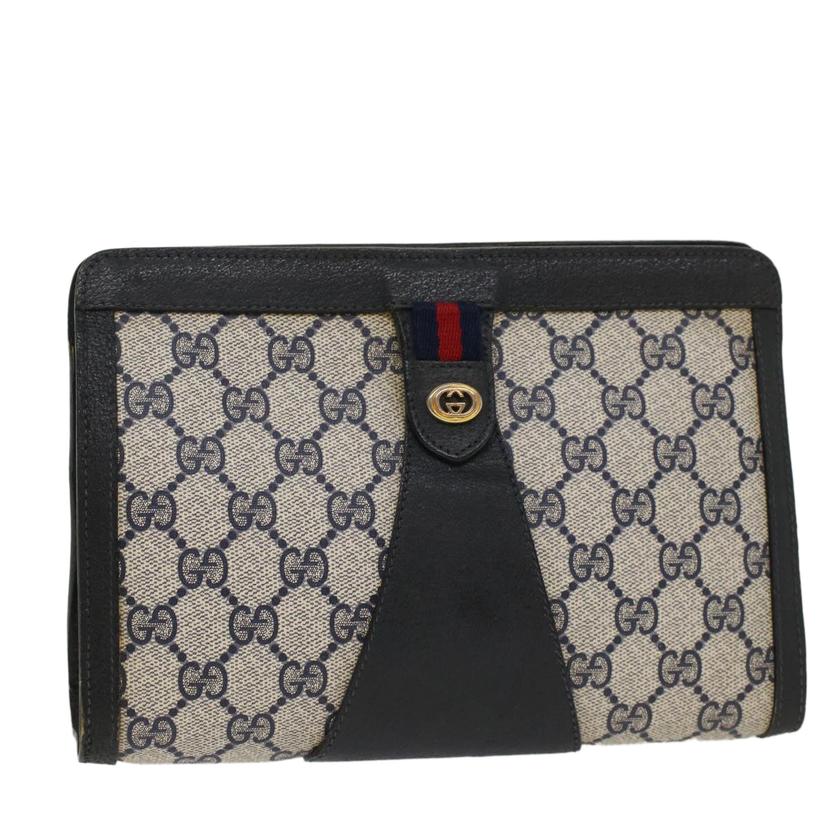 GUCCI GG Canvas Sherry Line Clutch Bag Gray Red Navy 89 01 032 52036