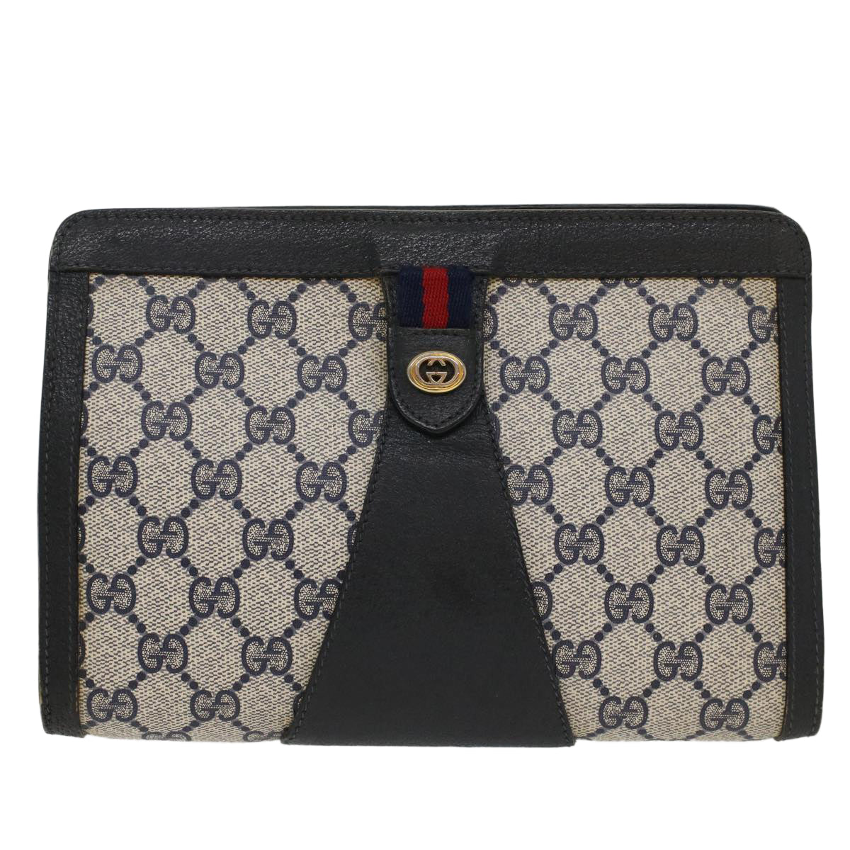 GUCCI GG Canvas Sherry Line Clutch Bag Gray Red Navy 89 01 032 52036