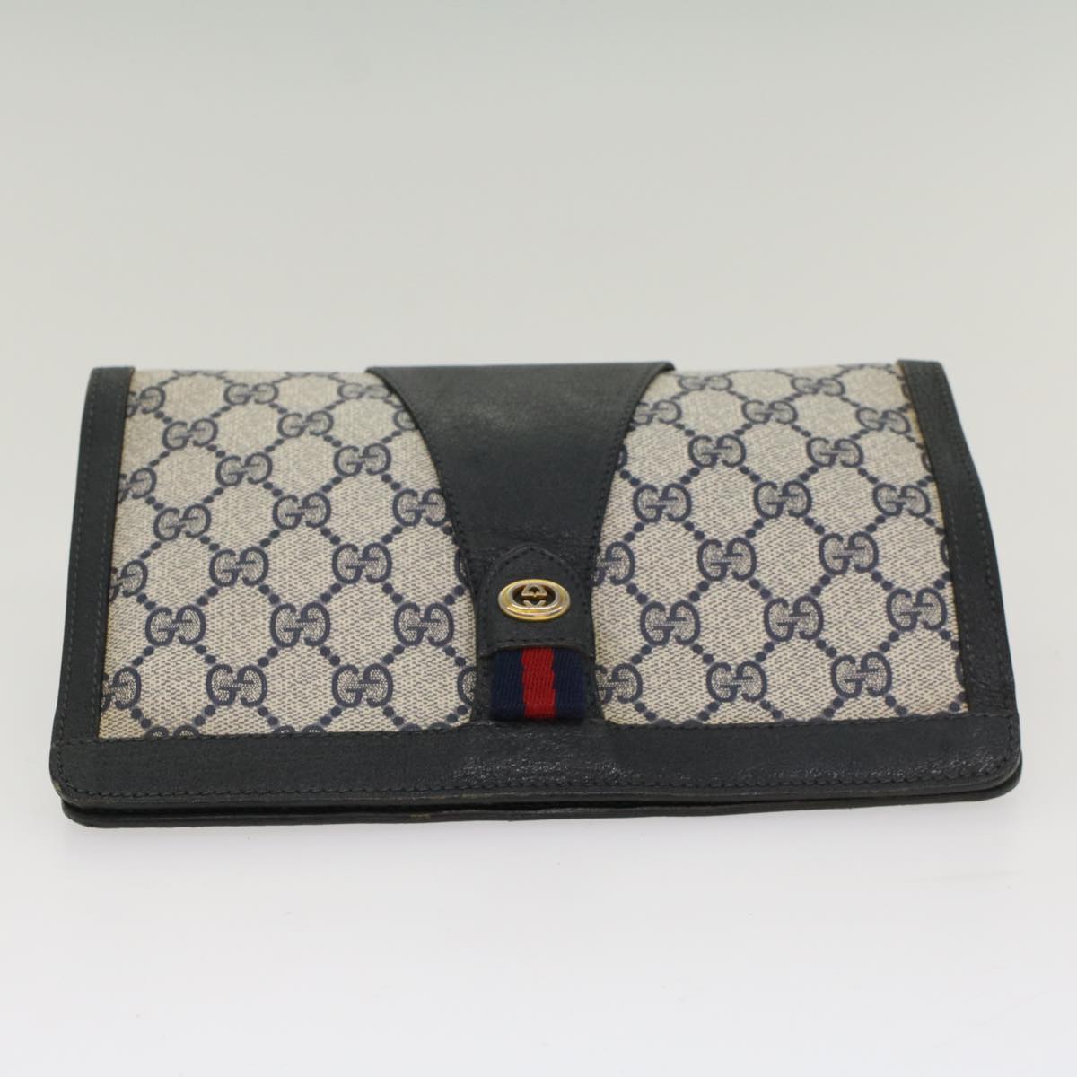 GUCCI GG Canvas Sherry Line Clutch Bag Gray Red Navy 89 01 032 52036