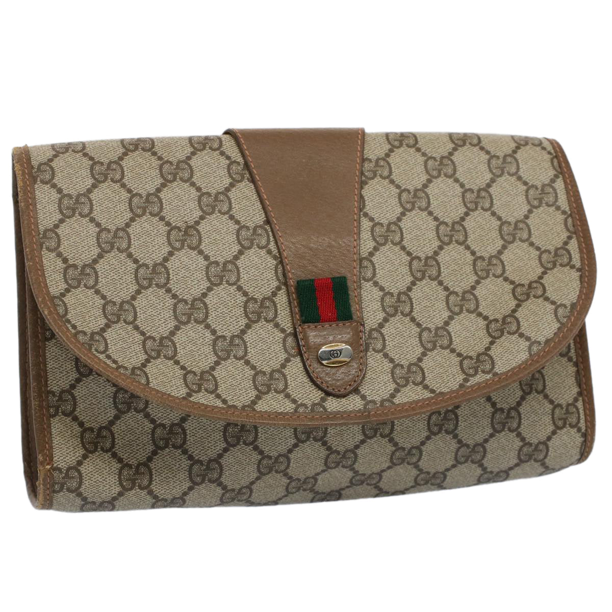 GUCCI GG Canvas Web Sherry Line Clutch Bag PVC Leather Beige Red 52248