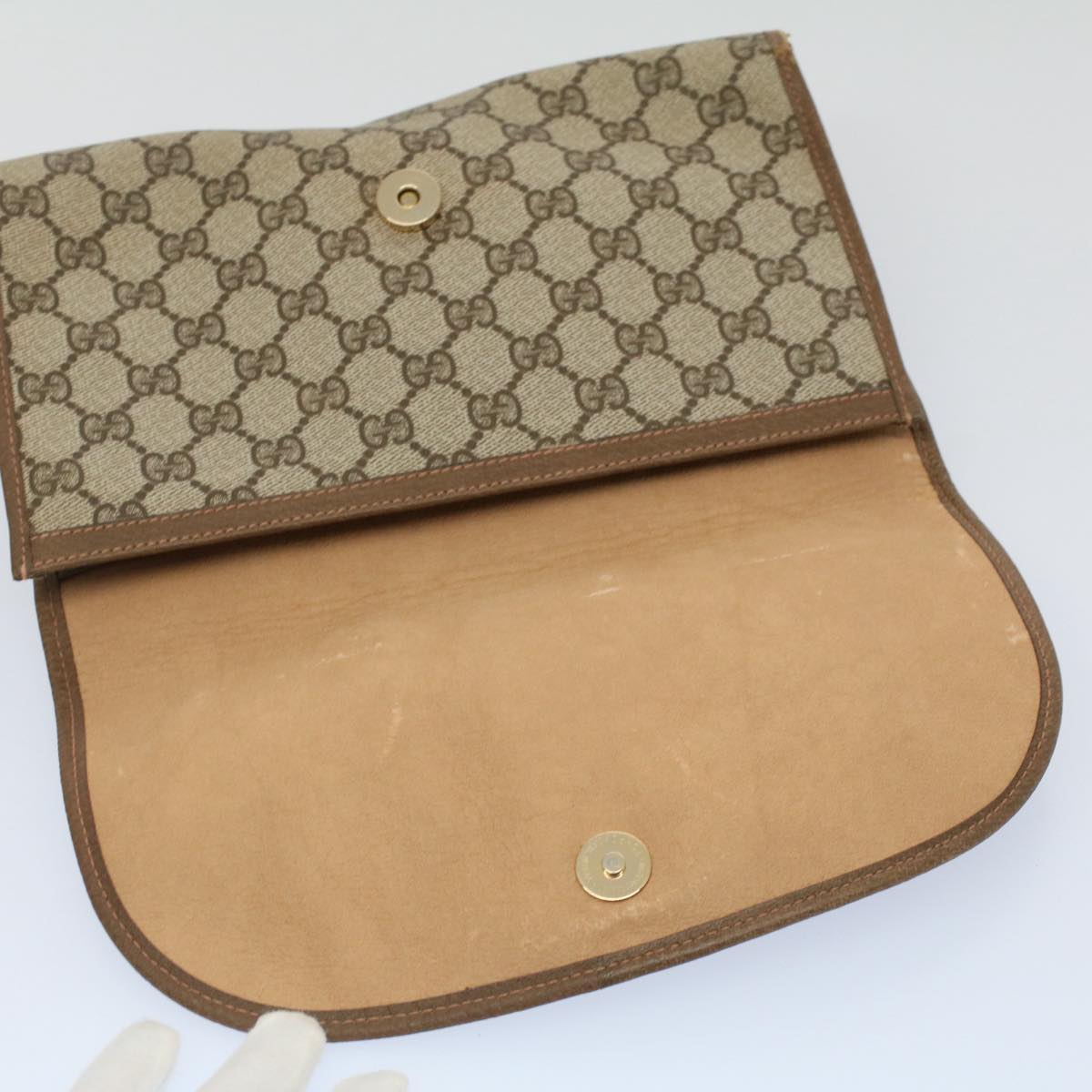 GUCCI GG Canvas Web Sherry Line Clutch Bag PVC Leather Beige Red 52248