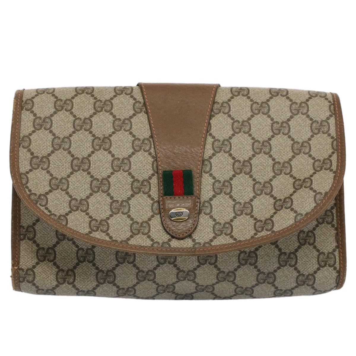 GUCCI GG Canvas Web Sherry Line Clutch Bag PVC Leather Beige Red 52248