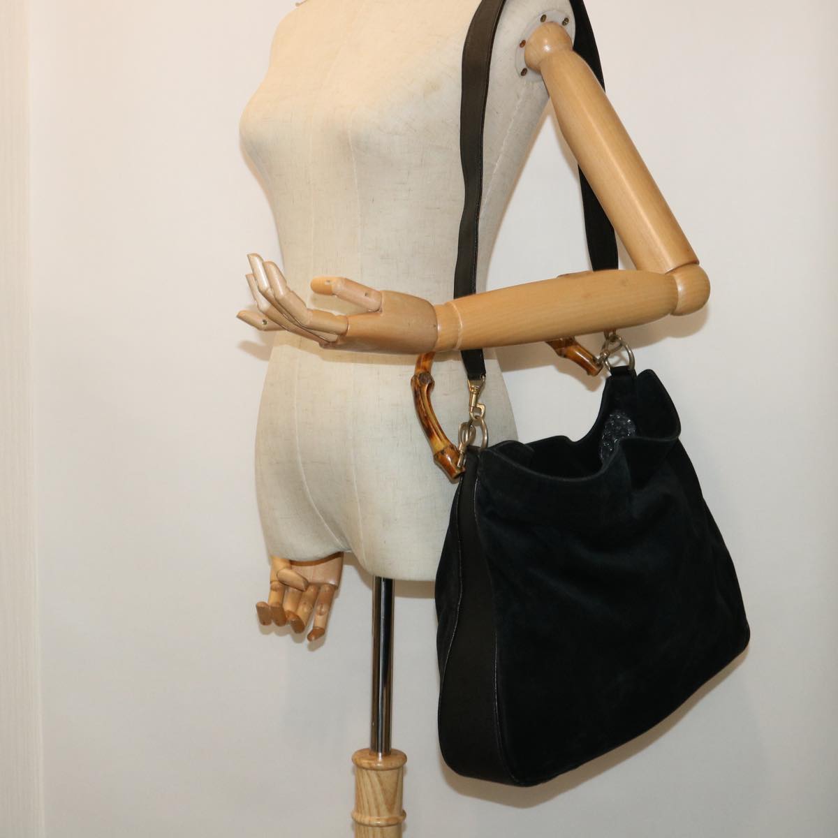 GUCCI Bamboo Shoulder Bag Suede Leather 2way Black 52254