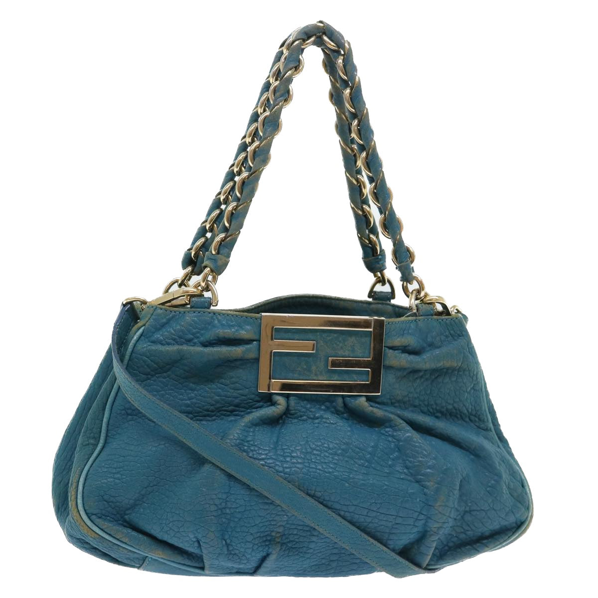 FENDI Chain Shoulder Bag Leather 2way Turquoise Blue 52739