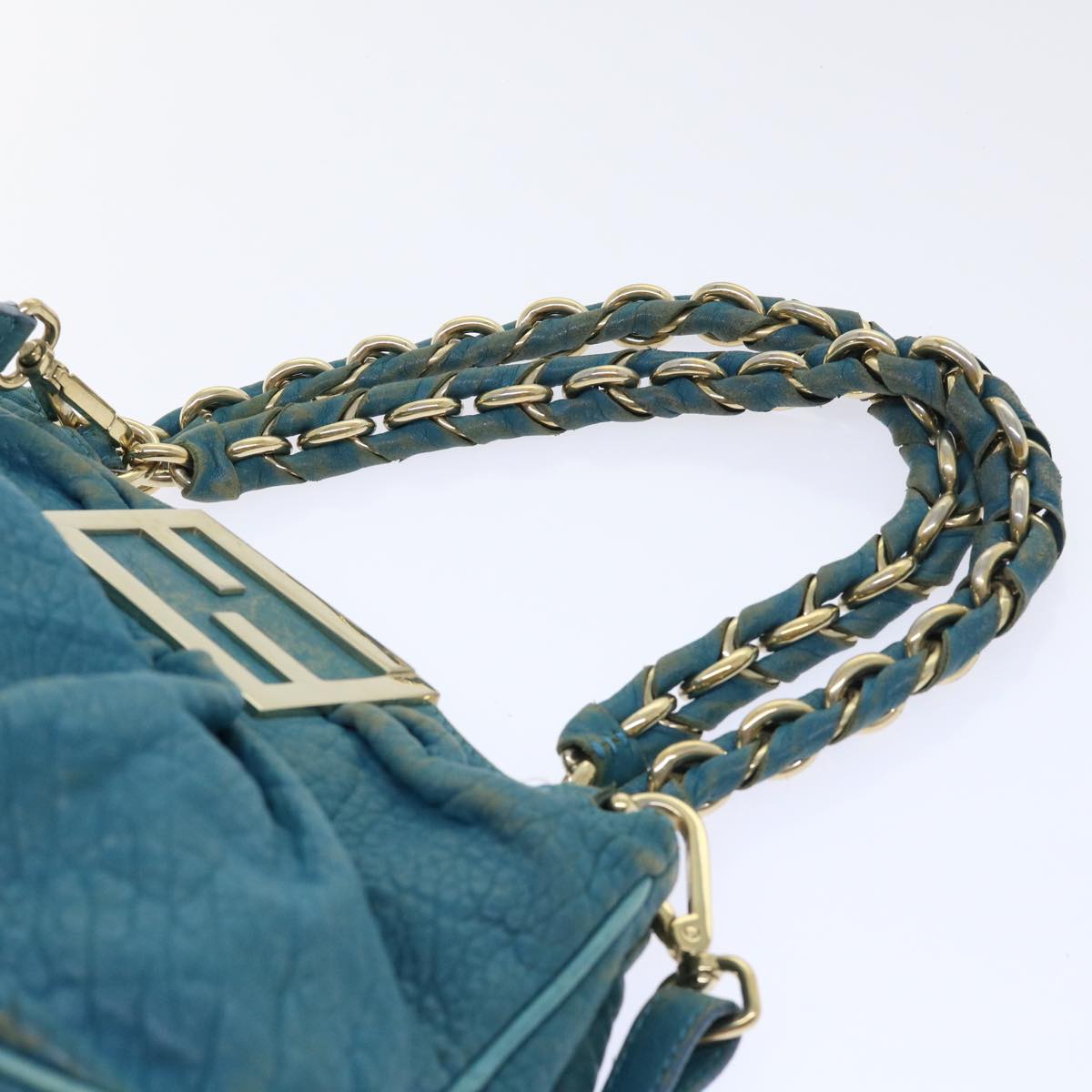 FENDI Chain Shoulder Bag Leather 2way Turquoise Blue 52739