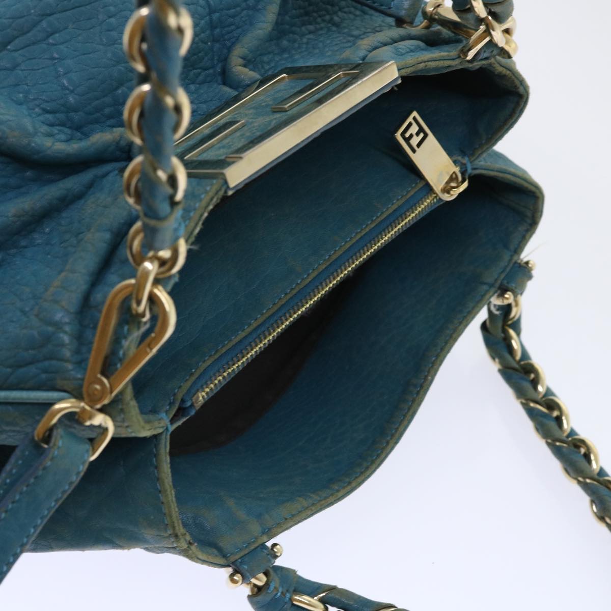 FENDI Chain Shoulder Bag Leather 2way Turquoise Blue 52739