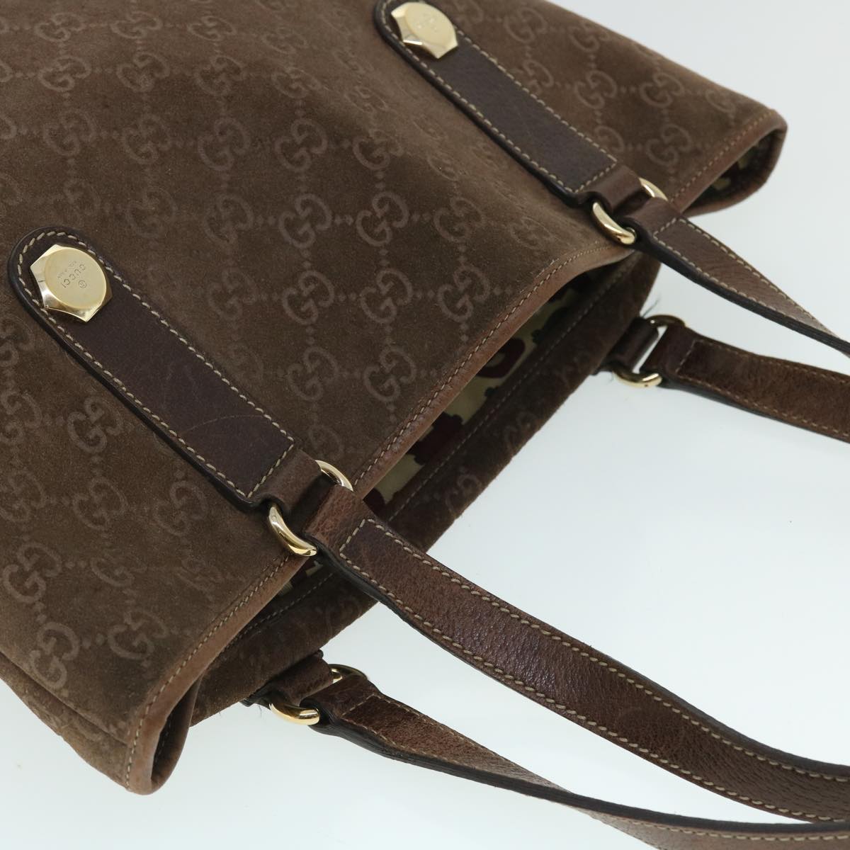 GUCCI GG Canvas Tote Bag Suede Brown 52749
