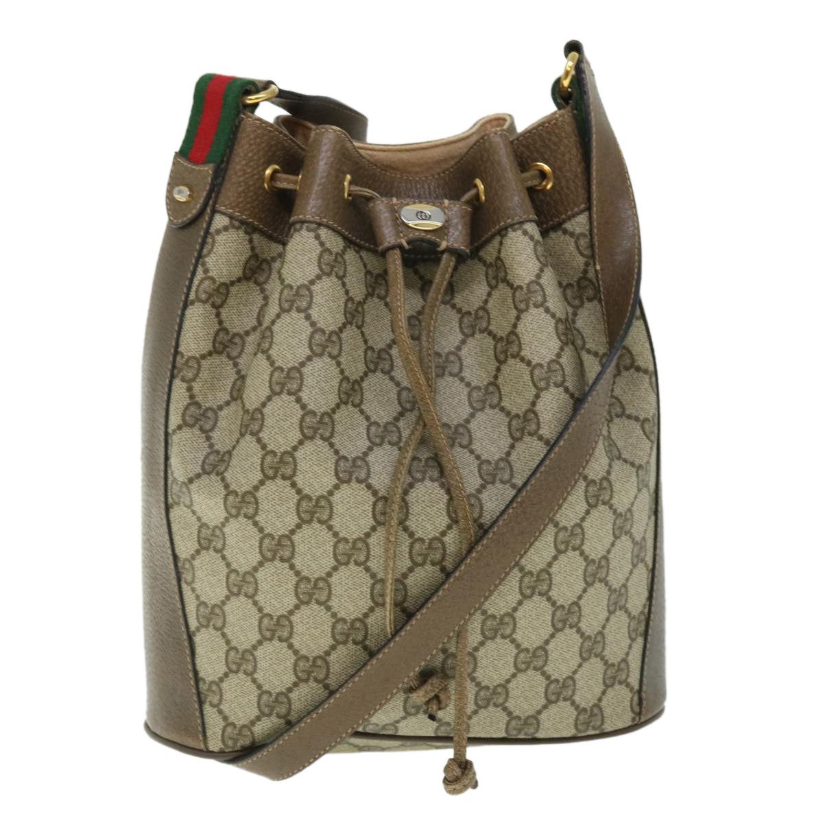 GUCCI GG Canvas Web Sherry Line Shoulder Bag PVC Leather Beige Green 52761