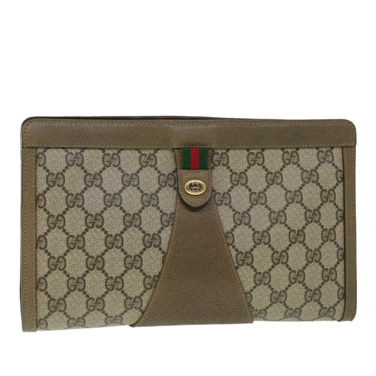 GUCCI GG Canvas Web Sherry Line Clutch Bag PVC Leather Beige Green 52762