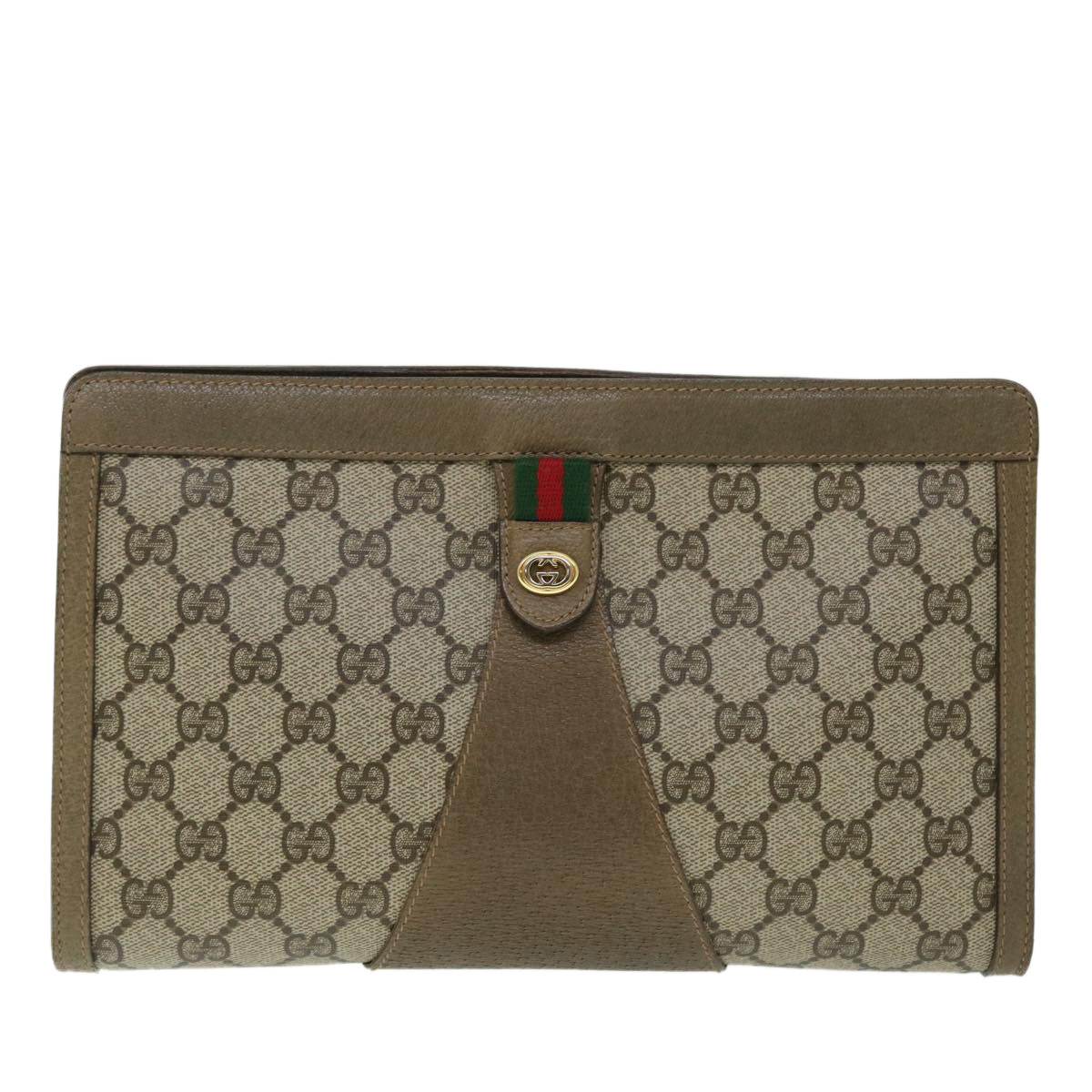 GUCCI GG Canvas Web Sherry Line Clutch Bag PVC Leather Beige Green 52762