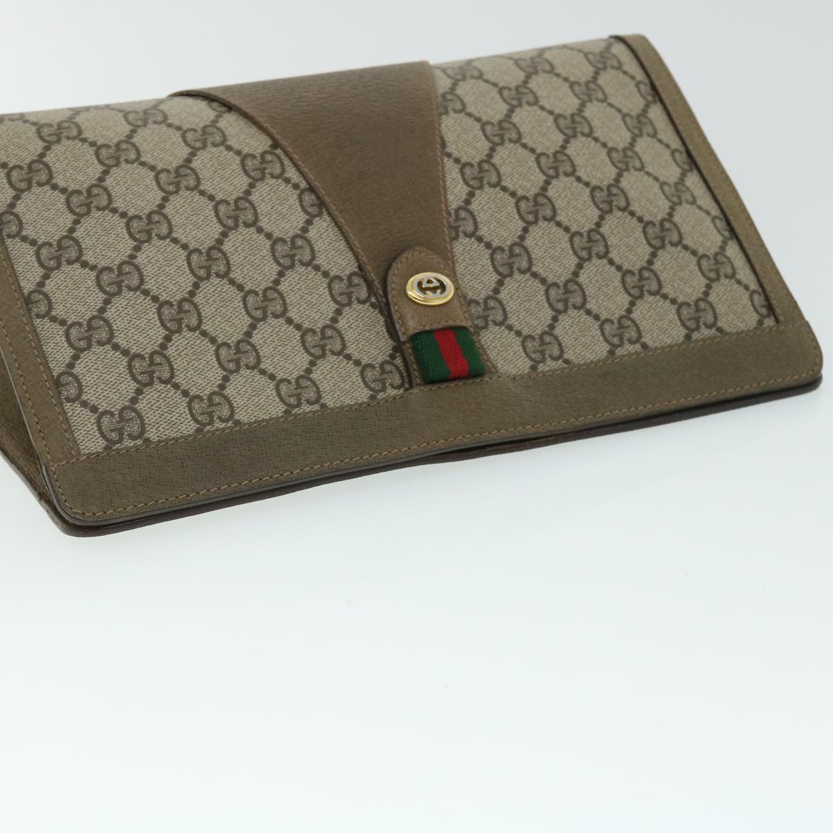 GUCCI GG Canvas Web Sherry Line Clutch Bag PVC Leather Beige Green 52762