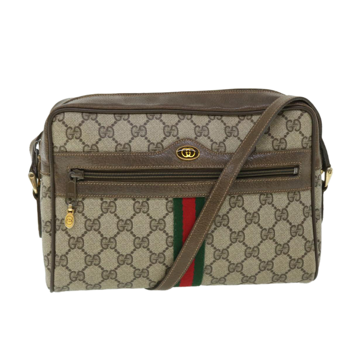 GUCCI GG Canvas Web Sherry Line Shoulder Bag PVC Leather Beige Green 52918