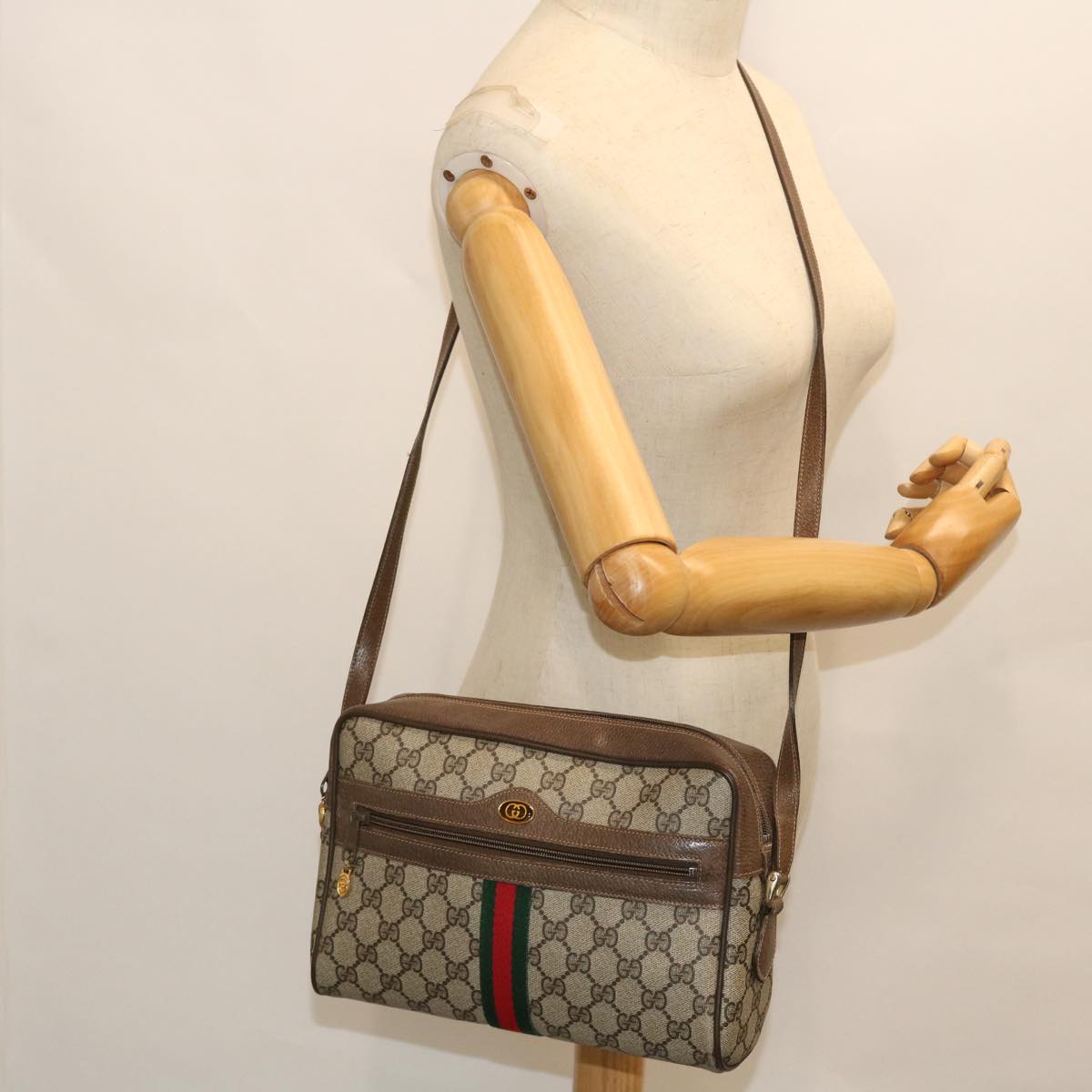 GUCCI GG Canvas Web Sherry Line Shoulder Bag PVC Leather Beige Green 52918