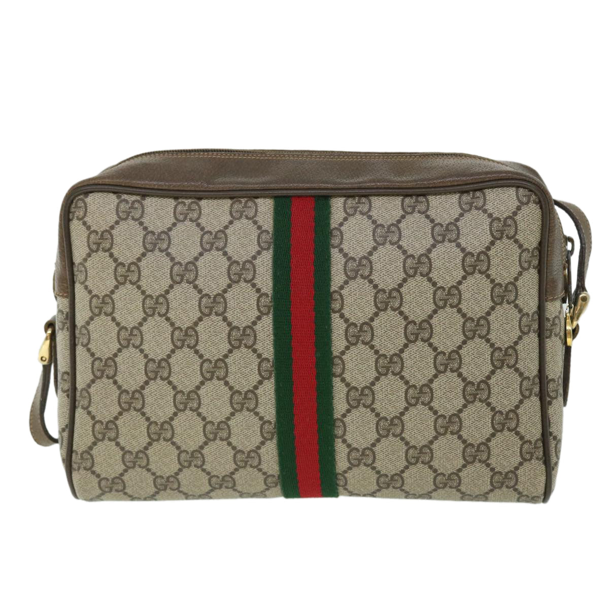 GUCCI GG Canvas Web Sherry Line Shoulder Bag PVC Leather Beige Green 52918