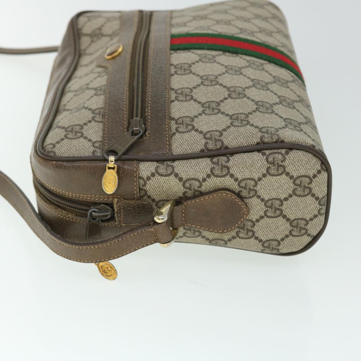 GUCCI GG Canvas Web Sherry Line Shoulder Bag PVC Leather Beige Green 52918
