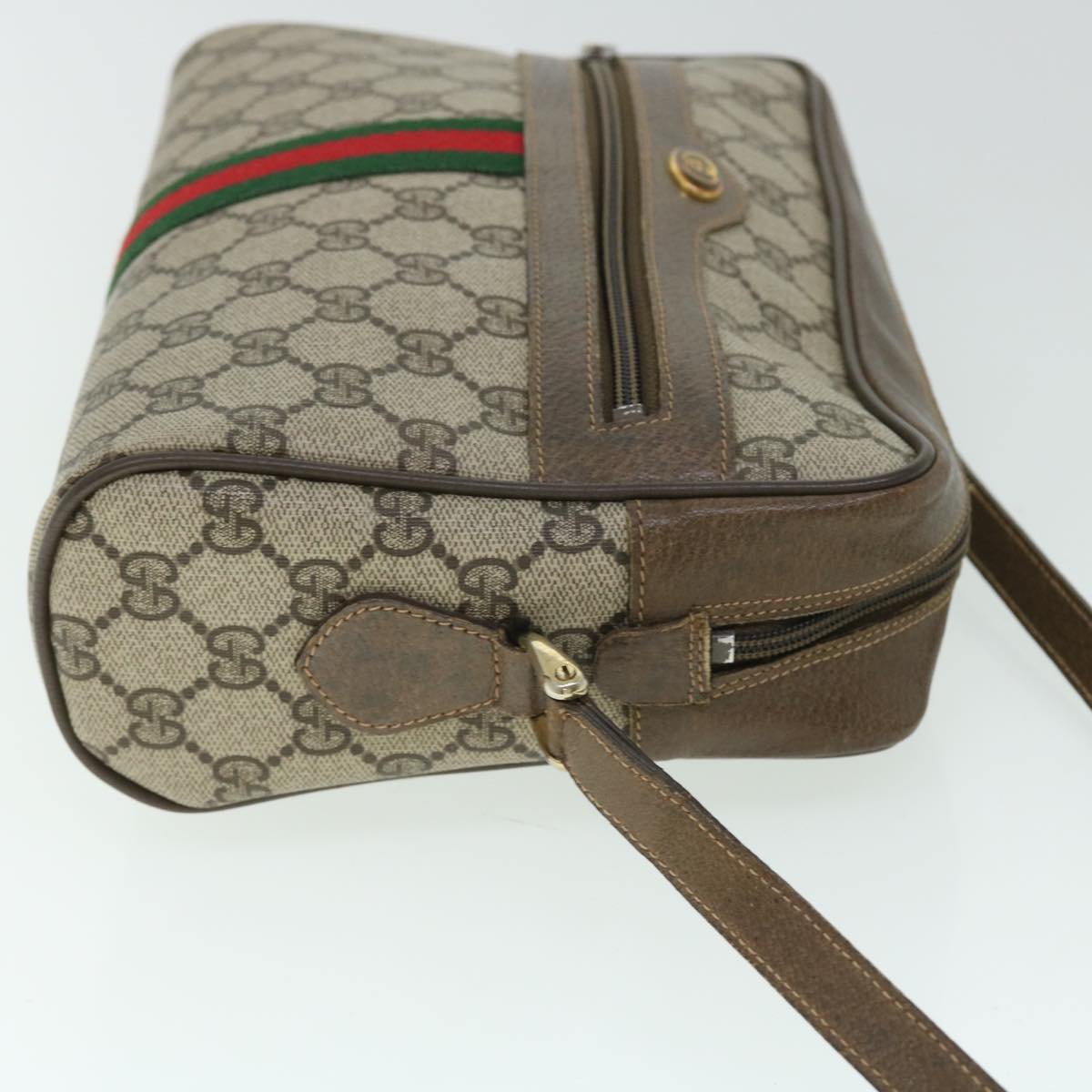 GUCCI GG Canvas Web Sherry Line Shoulder Bag PVC Leather Beige Green 52918
