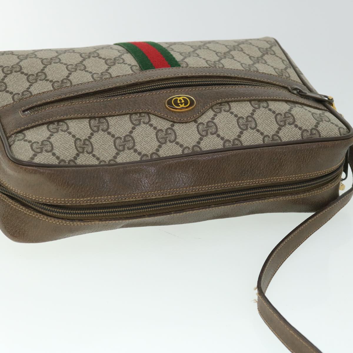 GUCCI GG Canvas Web Sherry Line Shoulder Bag PVC Leather Beige Green 52918