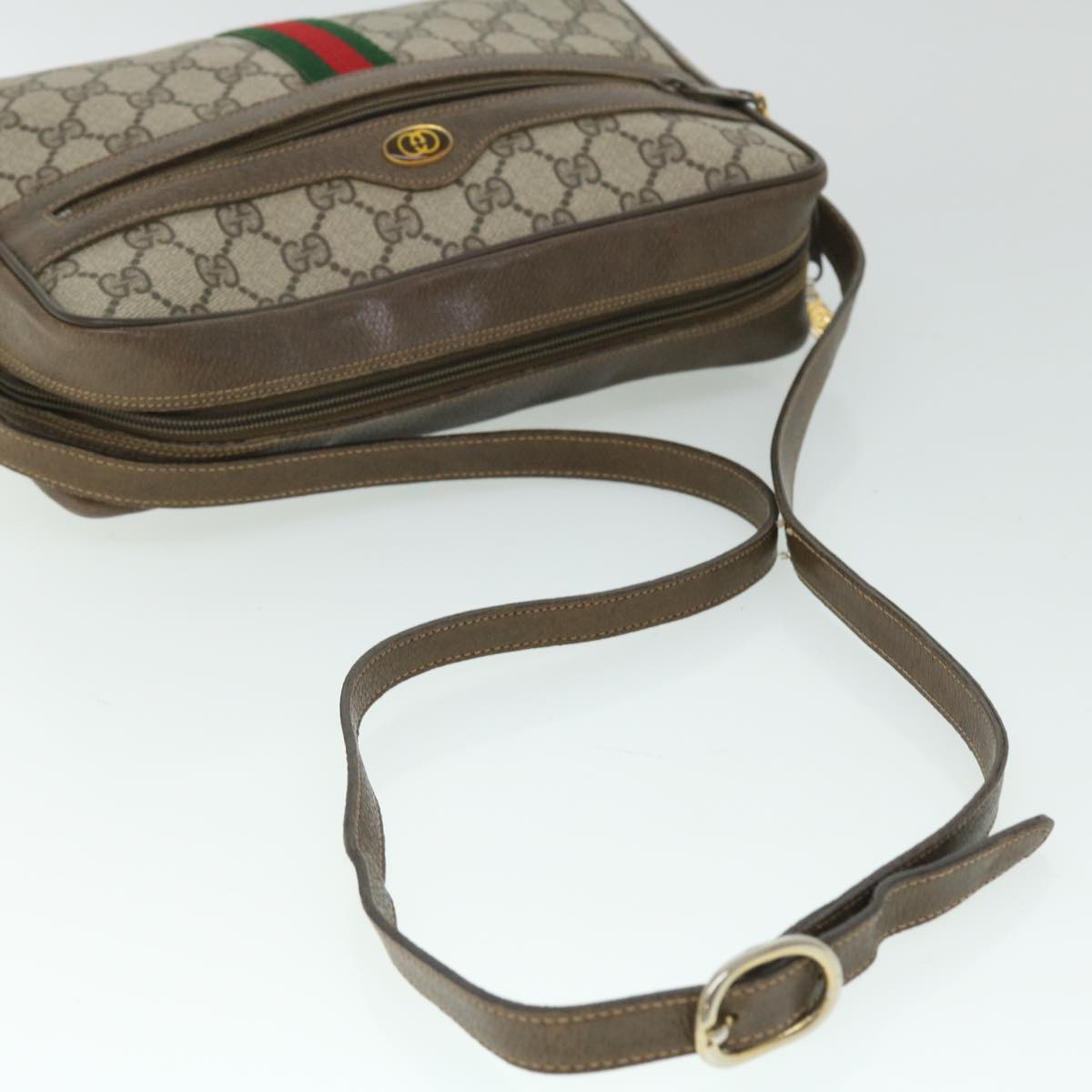 GUCCI GG Canvas Web Sherry Line Shoulder Bag PVC Leather Beige Green 52918