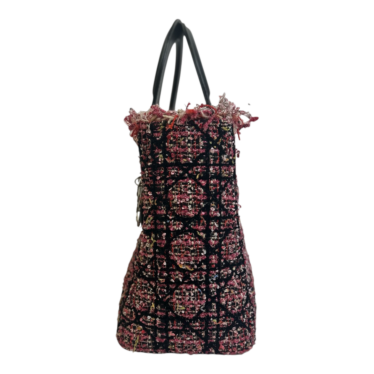 Christian Dior Tweed Fringe Cannage Embroidered Medium Lady Dior Pink Black Multicolor