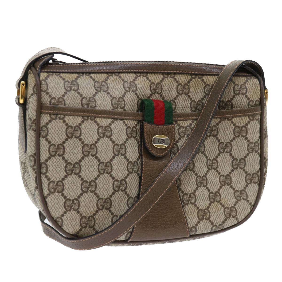 GUCCI GG Canvas Web Sherry Line Shoulder Bag PVC Leather Beige Green 53255