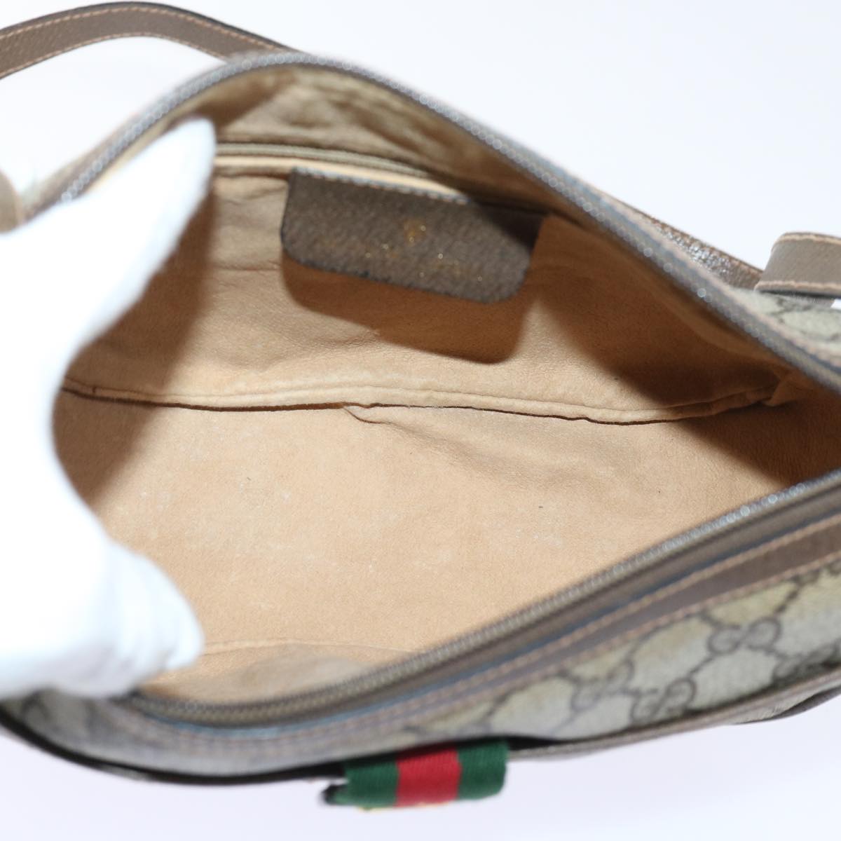 GUCCI GG Canvas Web Sherry Line Shoulder Bag PVC Leather Beige Green 53255