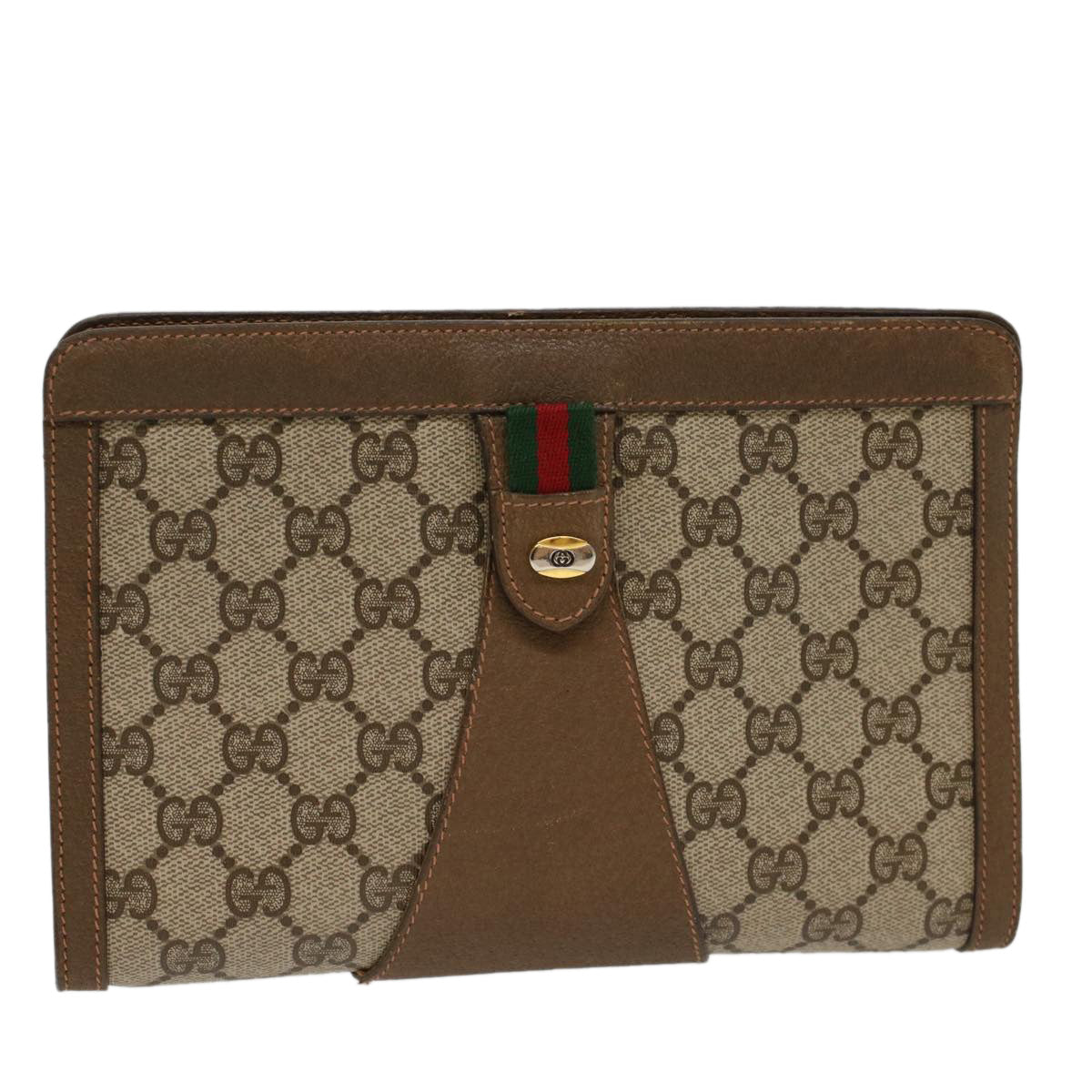 GUCCI GG Canvas Web Sherry Line Clutch Bag PVC Leather Beige Green 53256