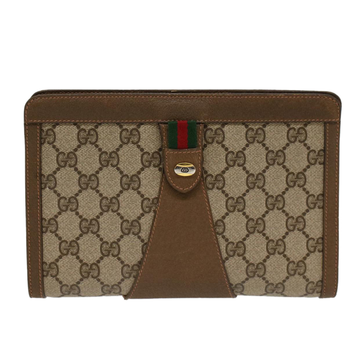 GUCCI GG Canvas Web Sherry Line Clutch Bag PVC Leather Beige Green 53256