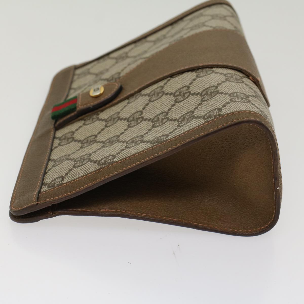 GUCCI GG Canvas Web Sherry Line Clutch Bag PVC Leather Beige Green 53256