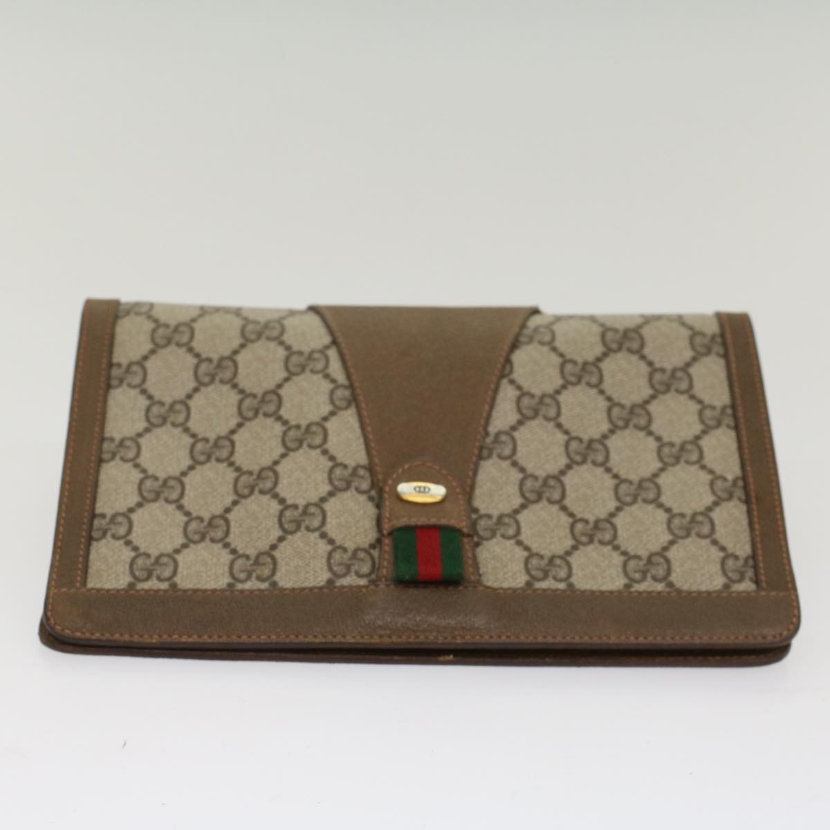 GUCCI GG Canvas Web Sherry Line Clutch Bag PVC Leather Beige Green 53256