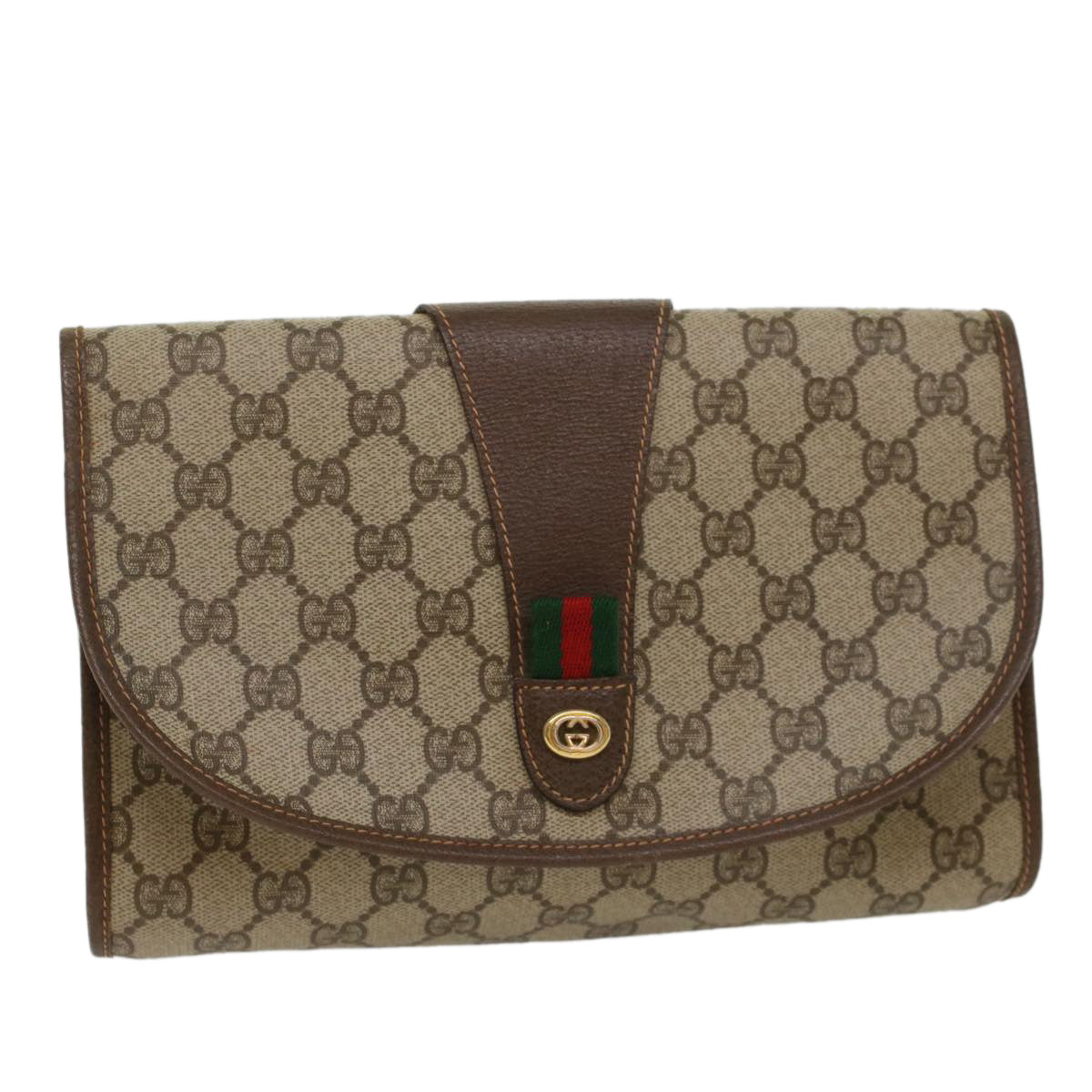 GUCCI GG Canvas Web Sherry Line Clutch Bag PVC Leather Beige Green 53257