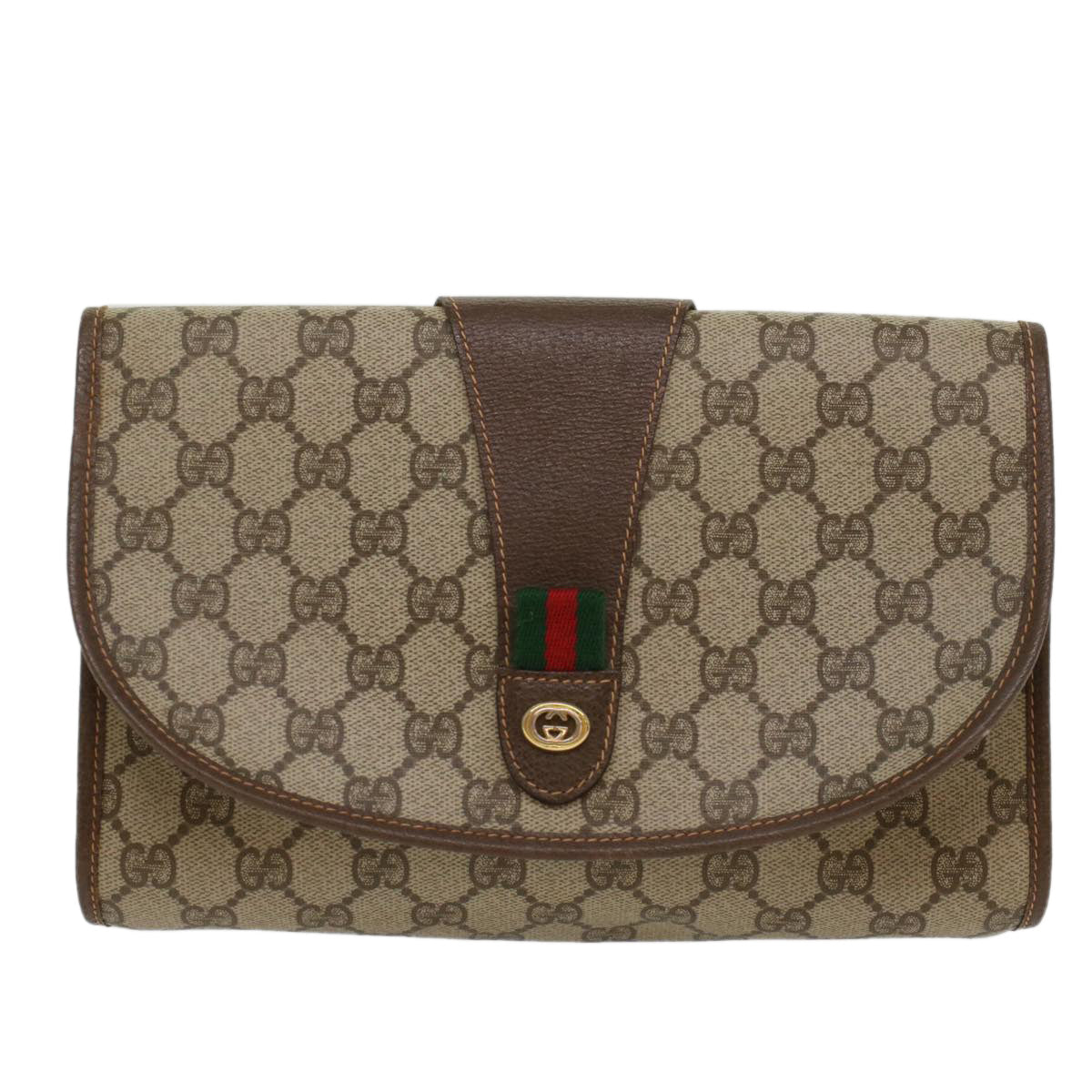 GUCCI GG Canvas Web Sherry Line Clutch Bag PVC Leather Beige Green 53257