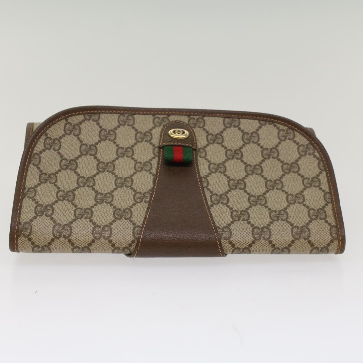 GUCCI GG Canvas Web Sherry Line Clutch Bag PVC Leather Beige Green 53257