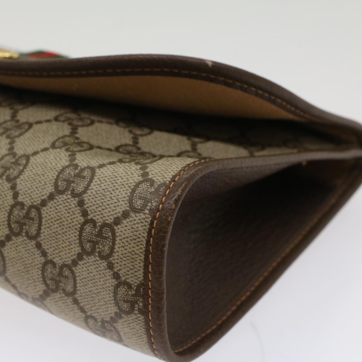 GUCCI GG Canvas Web Sherry Line Clutch Bag PVC Leather Beige Green 53257