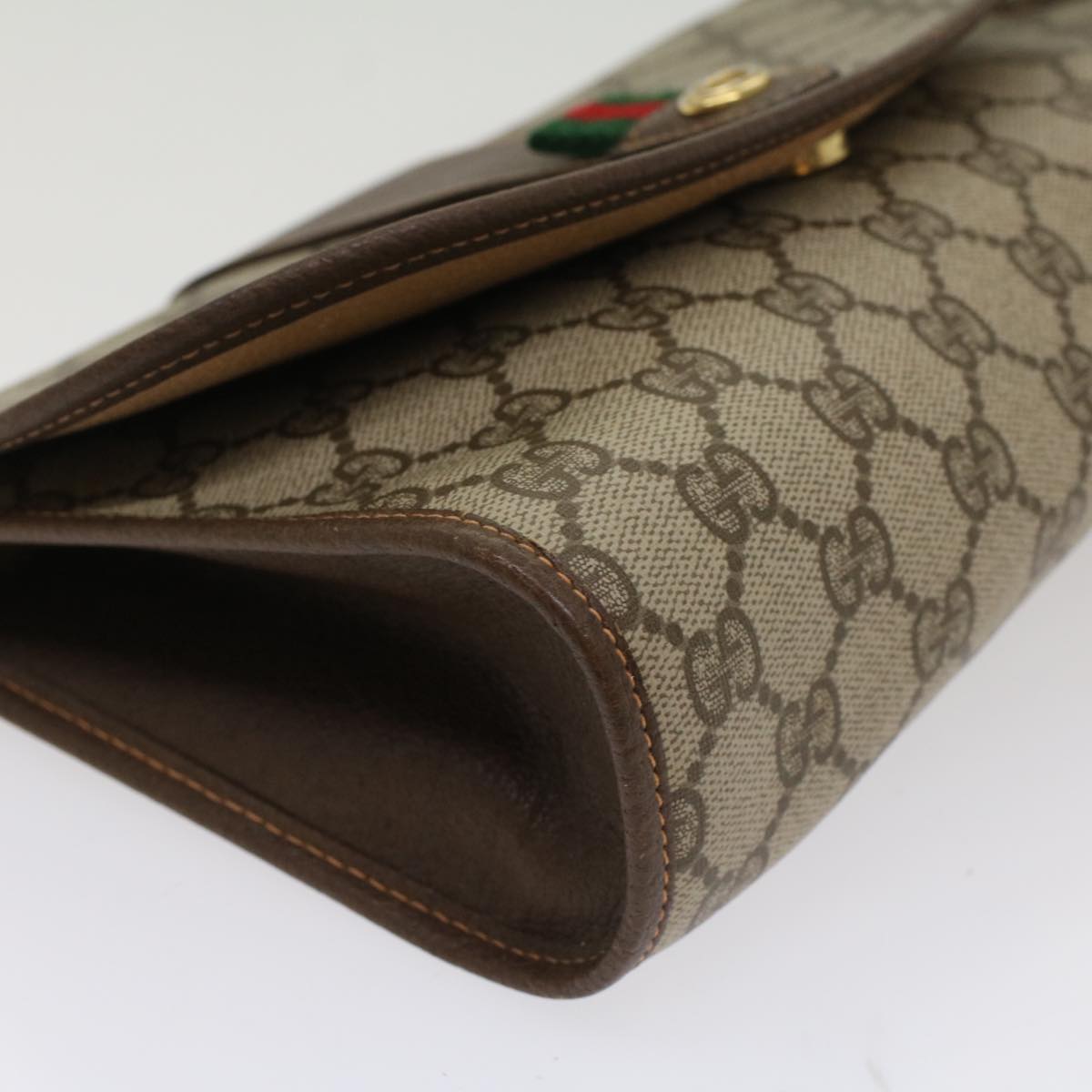 GUCCI GG Canvas Web Sherry Line Clutch Bag PVC Leather Beige Green 53257