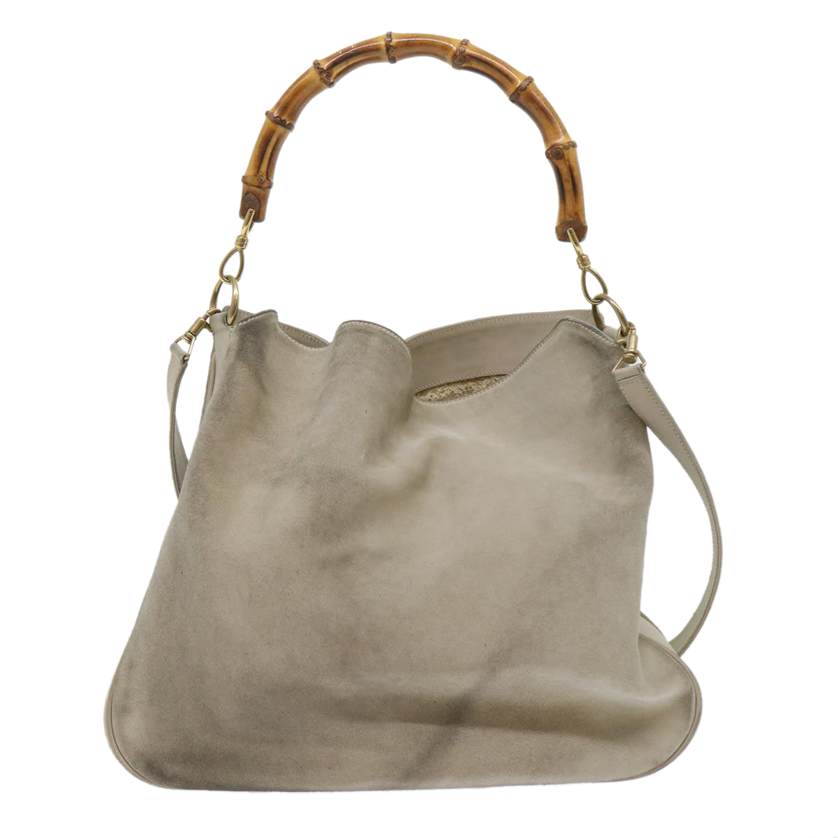 GUCCI Bamboo Shoulder Bag Suede 2way Beige 53270