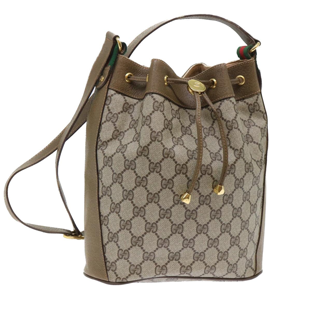 GUCCI GG Canvas Web Sherry Line Shoulder Bag PVC Leather Beige Green 53271