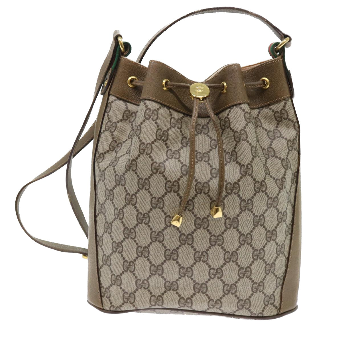GUCCI GG Canvas Web Sherry Line Shoulder Bag PVC Leather Beige Green 53271